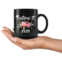 Load image into Gallery viewer, Masters Degree Black Mug With Grad Hat - Pink Flowers