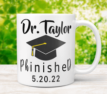 Load image into Gallery viewer, Black Grad Hat PHD Mug