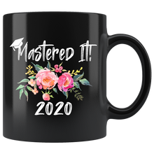 Load image into Gallery viewer, Masters Degree Black Mug With Grad Hat - Pink Flowers