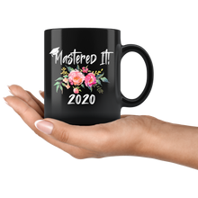 Load image into Gallery viewer, Masters Degree Black Mug With Grad Hat - Pink Flowers
