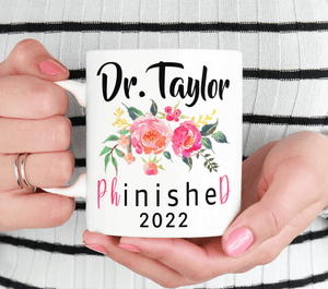 PHD Mug With Personalized Name And Graduation Date - Pink Flowers