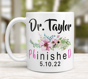 Personalized PHD Graduation Mug - Purple Flowers