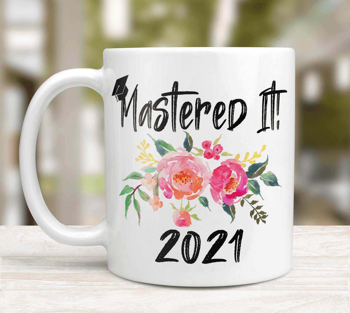 Masters Degree Graduation Mug With Grad Hat - Pink Flowers – TheGiftedMug