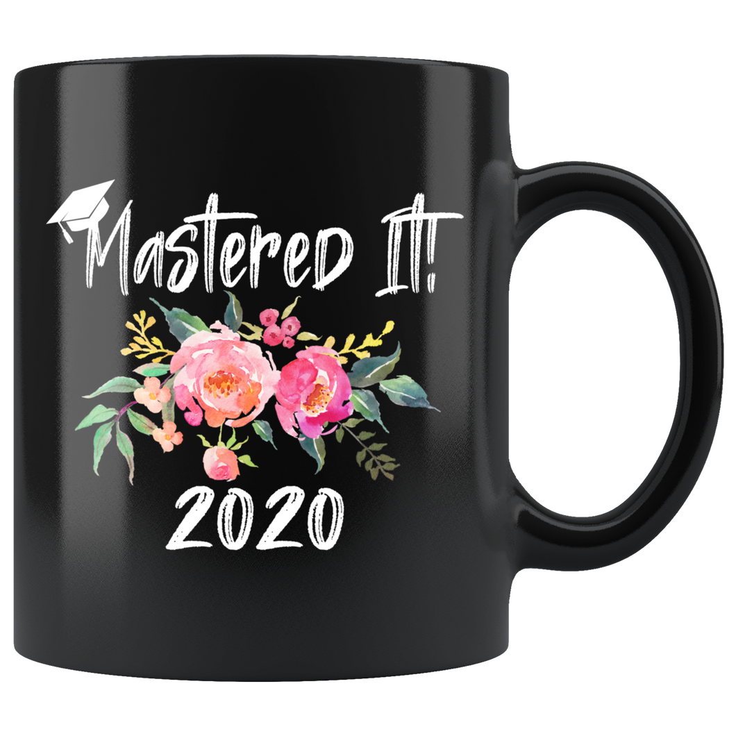 Masters Degree Black Mug With Grad Hat - Pink Flowers
